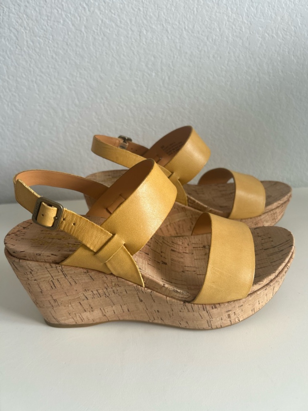 Kork-Ease Leather Strap Cork Wedge Sandals, Yellow, Women’s Size 8